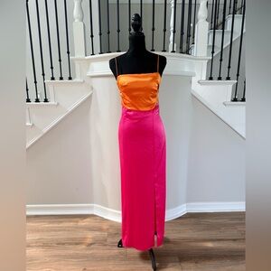 Alice + Olivia Lilita Satin Midi Dress Pink Orange Slit NWT Size 10 Prom Wedding